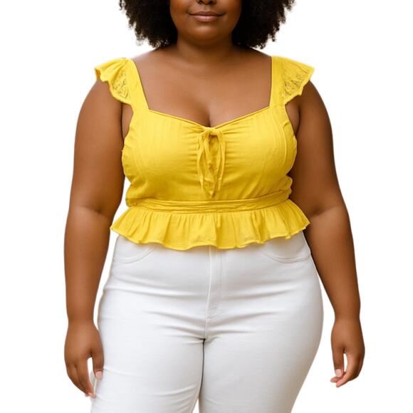 Aeropostale Women's Yellow Sleeveless Ruffle Lace Up Peplum Tank Crop Top Sz XL - Picture 1 of 5